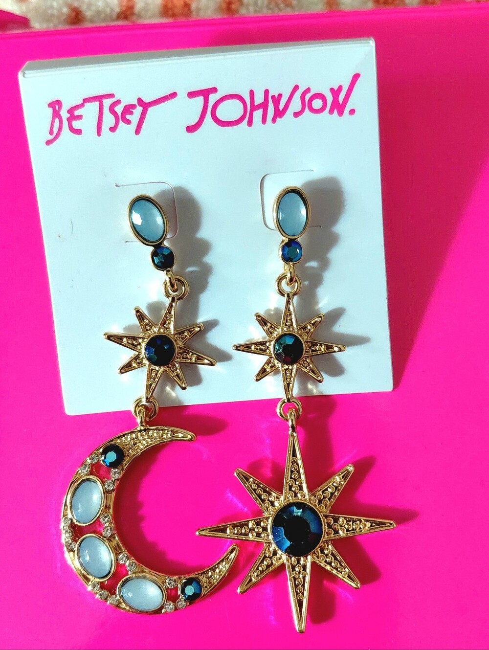Betsey Johnson Gold Tone Celestial Moon & Star Drop Earrings with Blue Accents